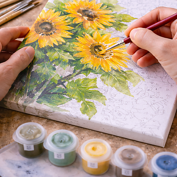 Nahaufnahme: Hände malen mit einem feinen Pinsel ein Sonnenblumen-Motiv auf einer Malen-nach-Zahlen-Leinwand; Farbtöpfchen und Pinsel liegen auf dem Tisch.