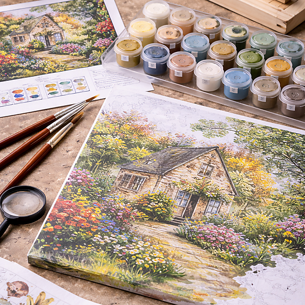 Auf einem Tisch liegt ein Malen-nach-Zahlen-Set mit Leinwandmotiv, nummerierten Farbtöpfchen im Tray, Pinseln und Referenzblatt – Symbolbild für Qualitätsmerkmale beim Set-Kauf.