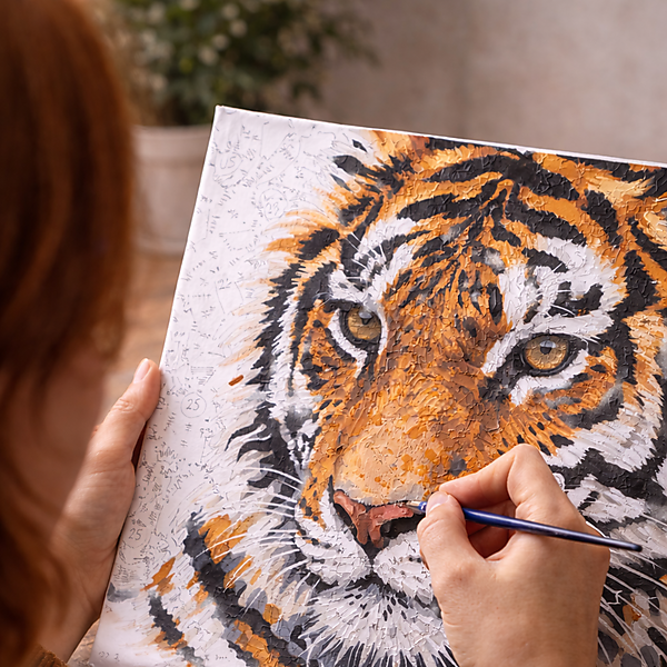Nahaufnahme: Hände malen ein Malen-nach-Zahlen-Tigermotiv; nummerierte Flächen und Farbtöpfchen liegen bereit – Symbolbild für geführte Kreativität und ruhigen Rhythmus.