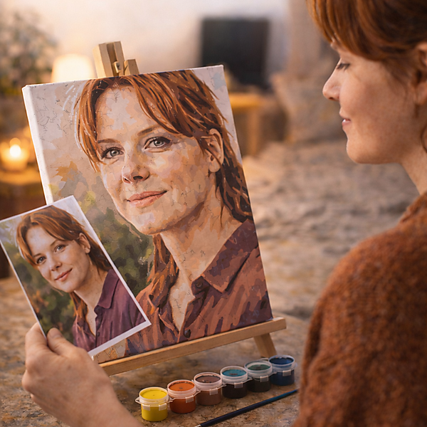 Frau hält ein gedrucktes Foto und vergleicht es mit einer personalisierten Malen-nach-Zahlen-Leinwand auf einer Staffelei; Farbtöpfchen und Pinsel liegen auf dem Tisch, warme Wohnraumbeleuchtung im Hintergrund.