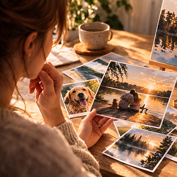 Person sitzt an einem Holztisch und prüft ein Foto bei warmem Licht; daneben liegen Ausdrucke und ein Smartphone – Symbolbild für Fotoauswahl mit Kontrast, Motiv und Licht für Malen nach Zahlen.