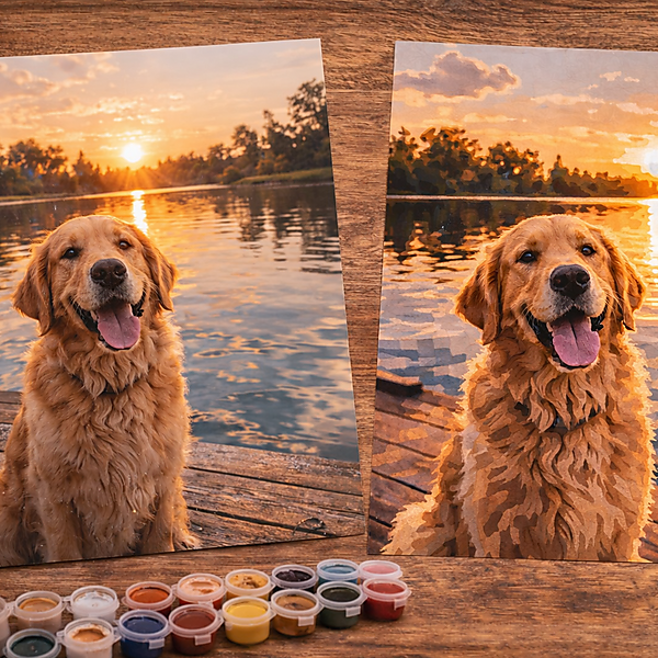 Zwei nebeneinanderliegende Bildausdrucke eines Hundes am See bei Sonnenuntergang zeigen den Unterschied zwischen Originalfoto und vereinfachter Vorlage; darunter stehen offene Farbtöpfchen als Hinweis auf Malen nach Zahlen.