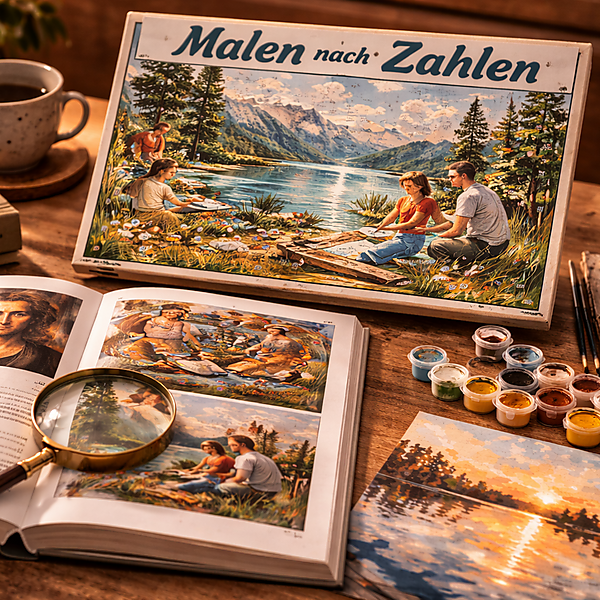 Stillleben auf einem Holztisch mit Malen-nach-Zahlen-Set, Farbtöpfchen, Pinseln, Lupe und Kunstbuch – Symbolbild für die kulturgeschichtliche Einordnung von Malen nach Zahlen.