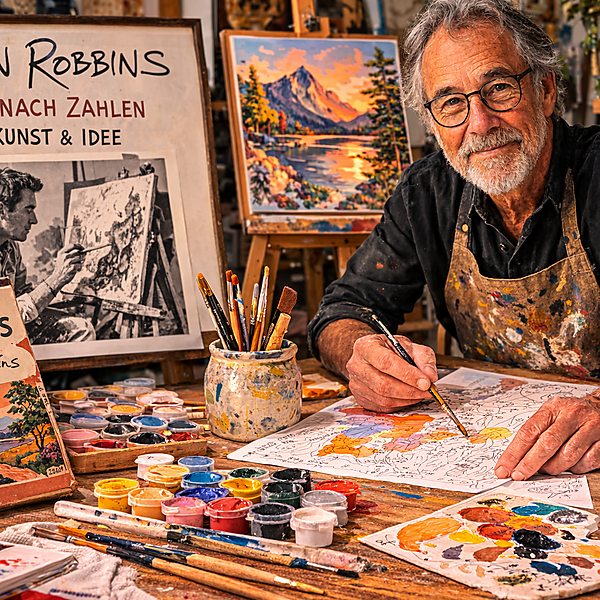 Älterer Mann in einem Atelier sitzt am Tisch und arbeitet an einer Malen-nach-Zahlen-Vorlage; um ihn herum stehen Farbtöpfchen, Pinsel und Vintage-Paint-by-Number-Materialien – Symbolbild für Dan Robbins und die Geschichte des Malens nach Zahlen.