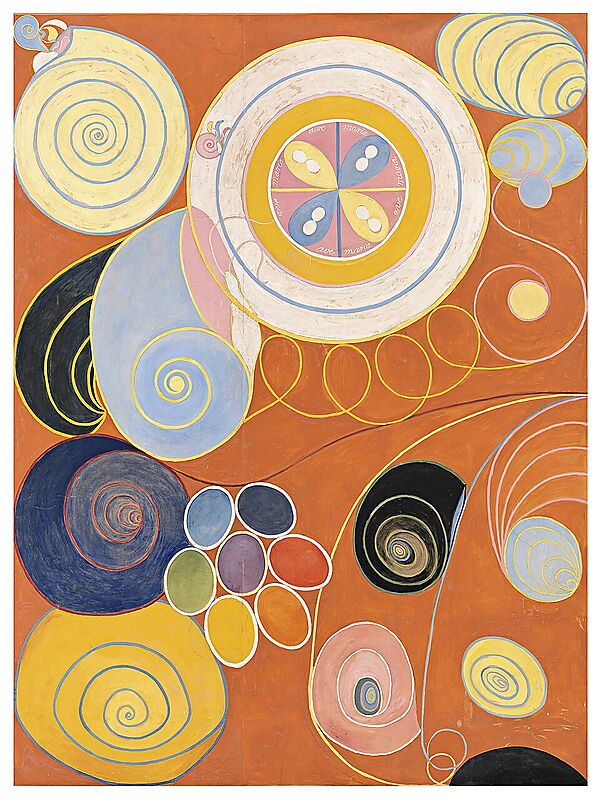 Abstraktes Gemälde von Hilma af Klint mit großen Kreisen, geschwungenen Linien und farbigen organischen Formen
