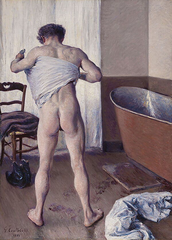 Gustave Caillebottes Gemälde „Mann im Bad“ mit einem unbekleideten Mann in einem privaten Badezimmer