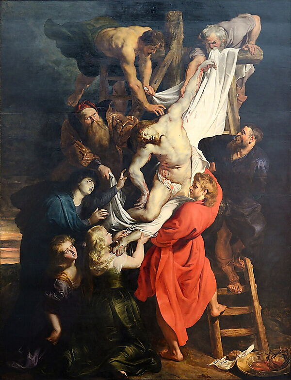 Barockgemälde von Peter Paul Rubens mit der von mehreren Figuren getragenen Kreuzabnahme Christi