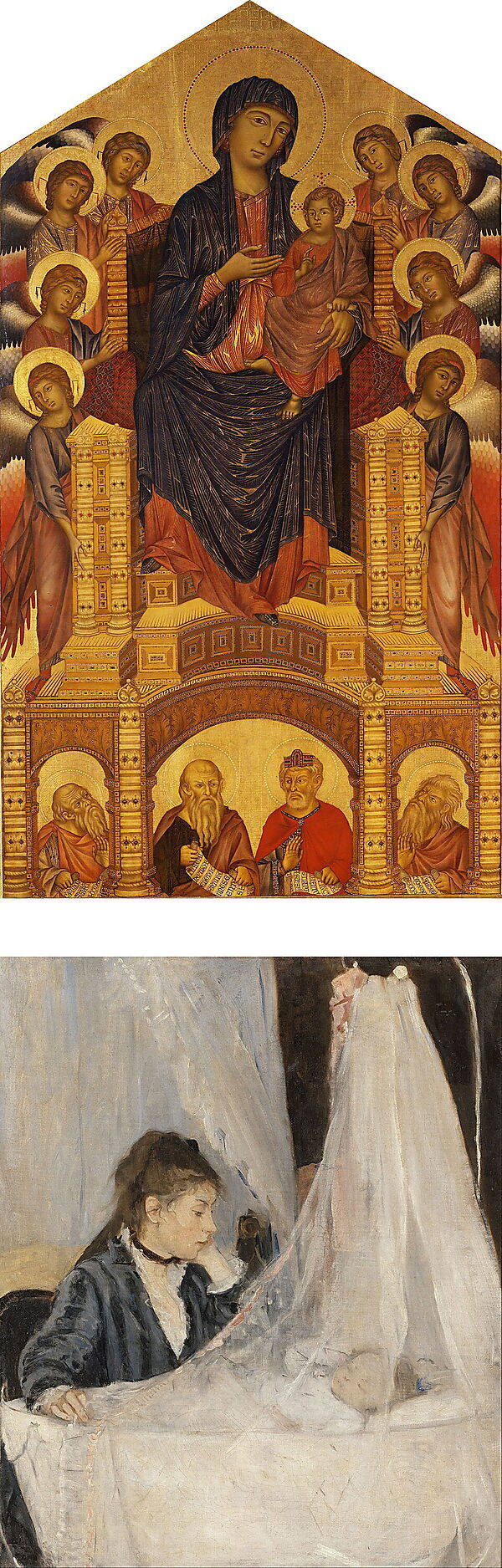 Gegenüberstellung von Cimabues mittelalterlicher Madonna mit Kind und Berthe Morisots Gemälde „Die Wiege“