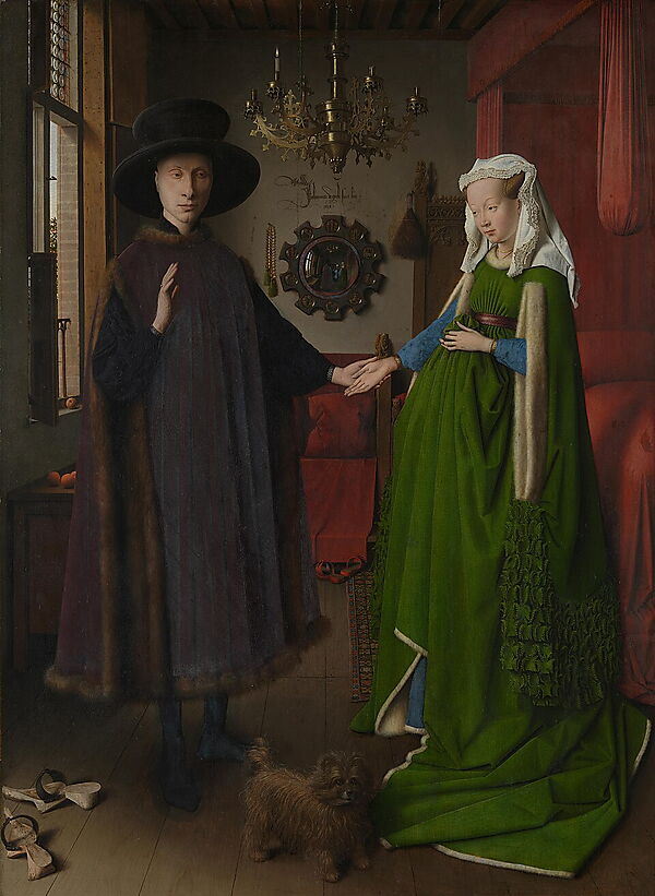 Jan van Eycks Arnolfini-Porträt mit einem Paar in einem reich ausgestatteten Innenraum