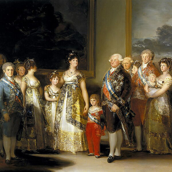 Francisco de Goyas Gruppenporträt der königlichen Familie Karls IV. mit Erwachsenen und Kindern in prunkvoller Kleidung