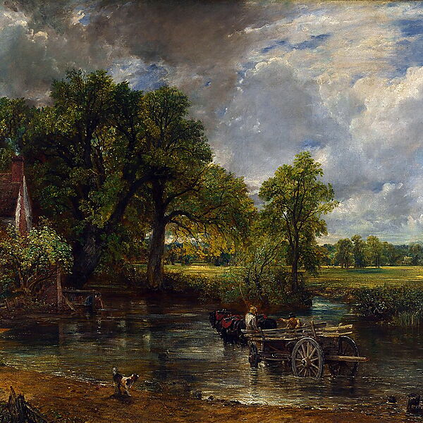 John Constables Gemälde „Der Heuwagen“ mit Fluss, Pferdewagen, Landhaus, Wiesen und bewegtem Wolkenhimmel