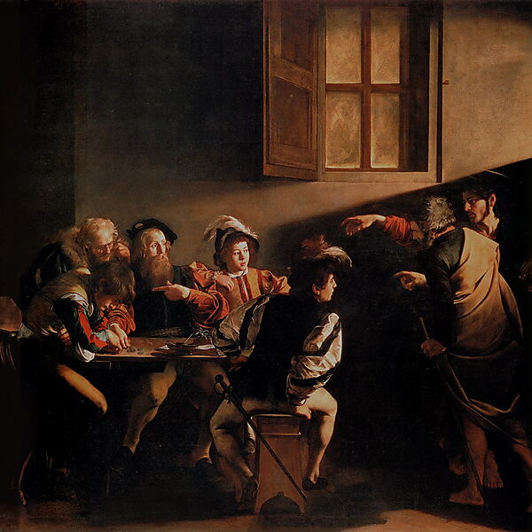 Caravaggios Gemälde „Die Berufung des heiligen Matthäus“ mit Christus, der in einem dunklen Raum auf eine Gruppe am Tisch weist