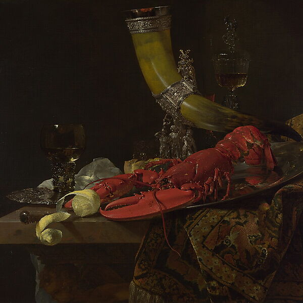 Willem Kalfs Stillleben mit Hummer, kostbarem Trinkhorn, Gläsern, Zitrone und schwerem Stoff vor dunklem Hintergrund
