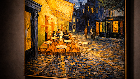 Ein in warmem Spotlicht gezeigtes Gemälde mit nächtlicher Straßenszene hängt in einer dunklen Galerie und lädt zum genauen Betrachten ein.