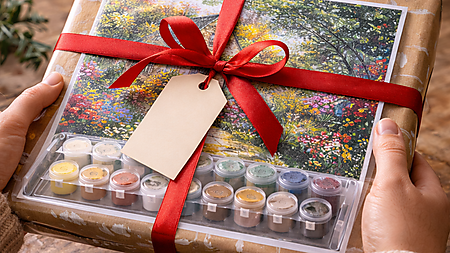 Nahaufnahme: Hände überreichen ein als Geschenk verpacktes Malen-nach-Zahlen-Set mit roter Schleife; im Hintergrund sind weitere Geschenke und warme Lichter zu sehen.