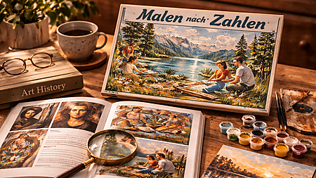 Stillleben auf einem Holztisch mit Malen-nach-Zahlen-Set, Farbtöpfchen, Pinseln, Lupe und Kunstbuch – Symbolbild für die kulturgeschichtliche Einordnung von Malen nach Zahlen.