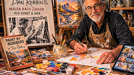 Älterer Mann in einem Atelier sitzt am Tisch und arbeitet an einer Malen-nach-Zahlen-Vorlage; um ihn herum stehen Farbtöpfchen, Pinsel und Vintage-Paint-by-Number-Materialien – Symbolbild für Dan Robbins und die Geschichte des Malens nach Zahlen.