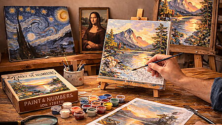 Atelier-Szene: Eine Hand malt an einer Malen-nach-Zahlen-Leinwand auf einer Staffelei; Farbtöpfchen und ein Set-Karton liegen auf dem Tisch, im Hintergrund hängen bekannte Gemälde als Symbol für Kunstkontext und Vorlagen.