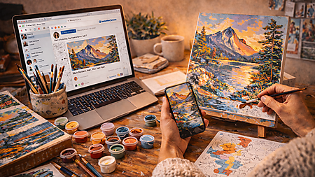 Gemütlicher Arbeitsplatz: Hände malen an einer Malen-nach-Zahlen-Leinwand auf einer Staffelei; Farbtöpfchen, Pinsel und ein Laptop mit Online-Beitrag stehen auf dem Tisch – Symbolbild für Projekte und Community rund ums Dranbleiben.
