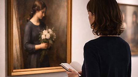 Eine Frau betrachtet in einer hellen Galerie ein Gemälde und hält dabei ein kleines Notizbuch in der Hand.