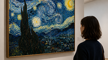 Eine Frau betrachtet in einer hellen Galerie ein farbintensives Gemälde mit nächtlicher Straßenszene.