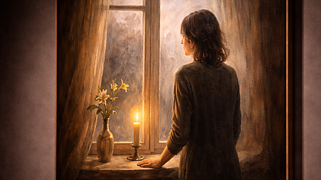 Ein in warmem Spotlicht gezeigtes Gemälde zeigt eine still am Fenster stehende Figur mit Kerze und Blumen in einer dunklen Galerie.