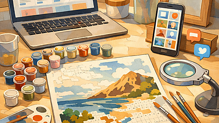 Illustrative Szene mit begonnenem Malen-nach-Zahlen-Bild, Pinseln, Farben, Zubehör sowie Laptop und Smartphone als Symbol für Shops, Tipps und Communitys.