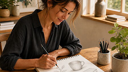 Erwachsene Frau zeichnet an einem hellen Tisch einfache Motive wie Tasse, Buch und Blätter in ein Skizzenbuch.
