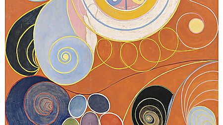 Abstraktes Gemälde von Hilma af Klint mit großen Kreisen, geschwungenen Linien und farbigen organischen Formen
