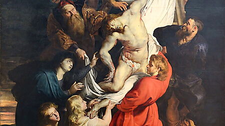 Barockgemälde von Peter Paul Rubens mit der von mehreren Figuren getragenen Kreuzabnahme Christi