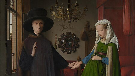 Jan van Eycks Arnolfini-Porträt mit einem Paar in einem reich ausgestatteten Innenraum