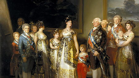 Francisco de Goyas Gruppenporträt der königlichen Familie Karls IV. mit Erwachsenen und Kindern in prunkvoller Kleidung
