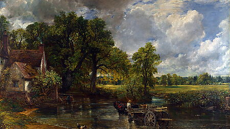John Constables Gemälde „Der Heuwagen“ mit Fluss, Pferdewagen, Landhaus, Wiesen und bewegtem Wolkenhimmel