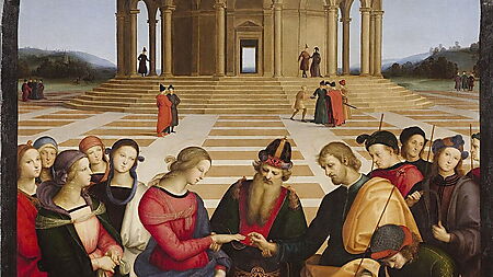 Raffaels Renaissancegemälde „Die Vermählung Mariä“ mit einer Hochzeitsgesellschaft vor einem zentralen Tempelbau