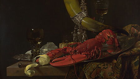Willem Kalfs Stillleben mit Hummer, kostbarem Trinkhorn, Gläsern, Zitrone und schwerem Stoff vor dunklem Hintergrund