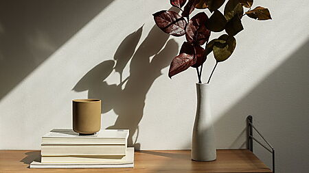 Keramiktasse auf einem Bücherstapel im warmen Seitenlicht mit deutlich sichtbaren Schatten