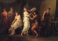 Klassizistische Atelierszene: Zeuxis prüft den Arm einer stehenden Frau; vier weitere Modelle umgeben ihn, eine greift rechts nach seinen Pinseln.