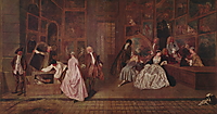 Breiter Einblick in einen Kunstladen: Elegant gekleidete Menschen betrachten zahlreiche Gemälde, während links ein Arbeiter ein Porträt Ludwigs XIV. in eine Kiste verpackt.