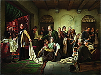 Carl Wilhelm Hübners Gemälde zeigt verarmte schlesische Weberfamilien, die einem wohlhabenden Tuchhändler ihre Stoffbahnen zur Prüfung vorlegen.