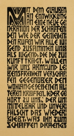 Schmaler schwarzer Holzschnitttext in kantigen Großbuchstaben auf hellem Papier; oben links steht Kirchners Monogramm ELK.