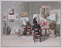Bernhard Neher und Erwin Speckter arbeiten gemeinsam in einem schlichten römischen Atelier; an den Wänden hängen Bilder und Studien.