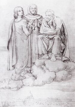 Raffael, Fra Angelico und Michelangelo schweben auf einer Wolke über Rom; unter ihnen sind Petersdom, Vatikan und Engelsburg zu erkennen.