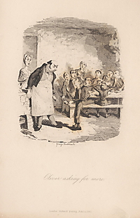 „Oliver Twist steht mit einer Schüssel vor dem Speisemeister des Armenhauses; weitere Jungen sitzen am Tisch.“
