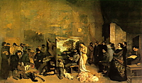 Gustave Courbet malt im Zentrum seines großen Ateliers eine Landschaft, umgeben von einem Kind, einem Modell und zahlreichen Menschen aus unterschiedlichen gesellschaftlichen Gruppen.