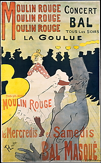 Farbiges Plakat mit roter Schrift, der tanzenden La Goulue, dunklen Zuschauersilhouetten und Valentin le Désossé im Vordergrund.