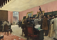 Henri Gervex’ Gemälde zeigt die Jury des Pariser Salons, die mit erhobenen Stöcken und Schirmen über eingereichte Kunstwerke abstimmt.