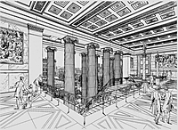 Schinkels Zeichnung zeigt Menschen auf der oberen Treppengalerie des Alten Museums; durch die Säulen blickt man auf Berliner Gebäude.