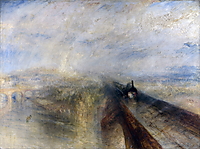 Dampflokomotive auf einer Eisenbahnbrücke, umgeben von Regen und Dunst, in einem Gemälde von William Turner.