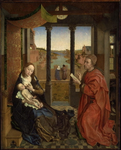 Der heilige Lukas kniet rechts und zeichnet die links sitzende Maria, die das Jesuskind stillt; dahinter öffnen sich Garten, Stadt und Flusslandschaft.