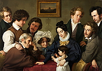 Das Gruppenporträt zeigt Mitglieder der Familie Bendemann sowie Wilhelm von Schadow und weitere Künstler gemeinsam in einem bürgerlichen Wohnraum.